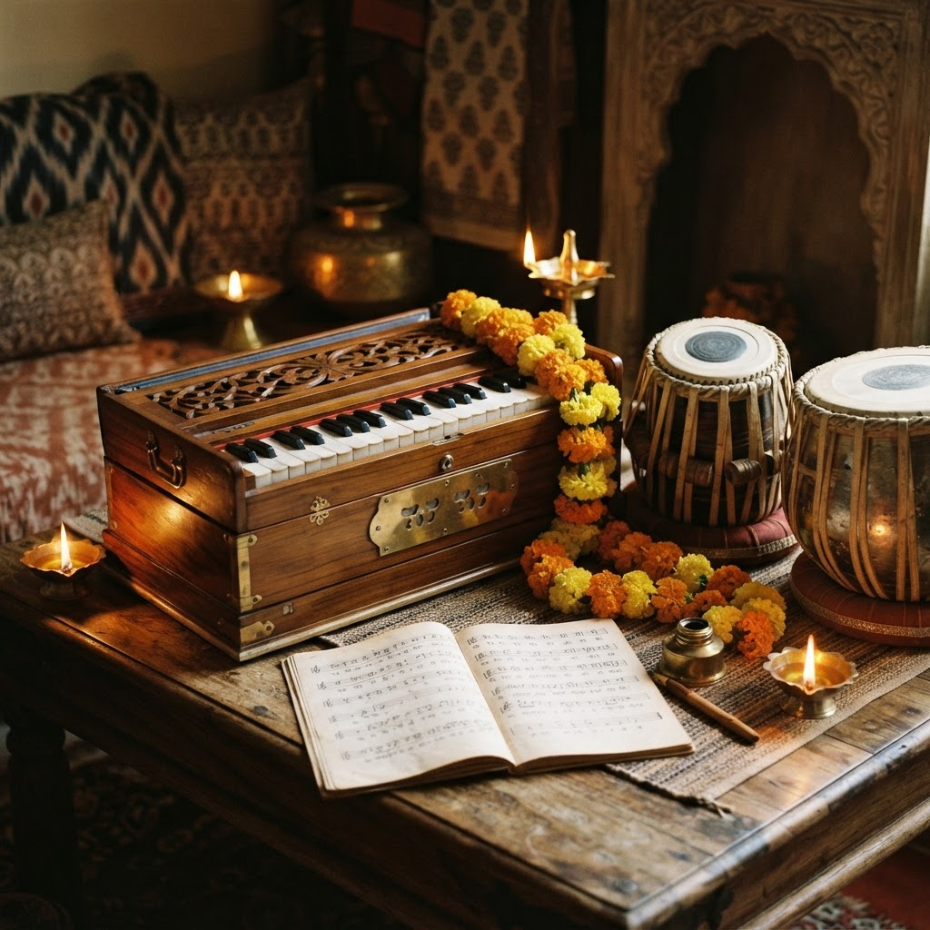 Traditional Indian musical instruments including harmonium and tabla
